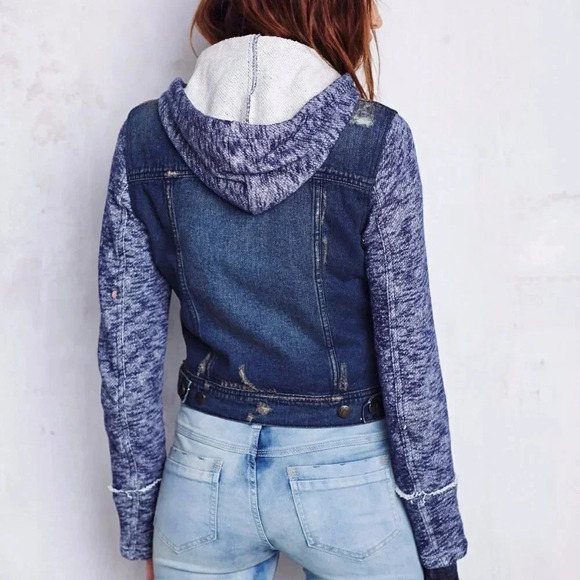 Free People Mixed Media Distressed Denim Jacket  with Knit Sleeves - Picture 2 of 16